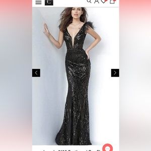 Size 8, Black Jovani - Feathered Cap Sleeve Patterned Sequin Gown